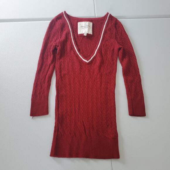 Y2K Abercrombie & Fitch Sweater Womens Large Red Cable Knit Deep V-Neck Long - Picture 1 of 8